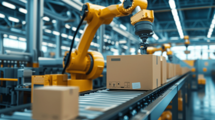 Roboter arbeitet am Laufband und trägt Karton